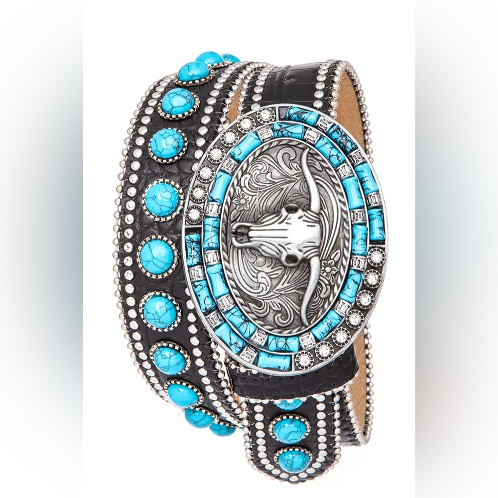 Unisex Black Genuine Leather Concho Western Statement Belt